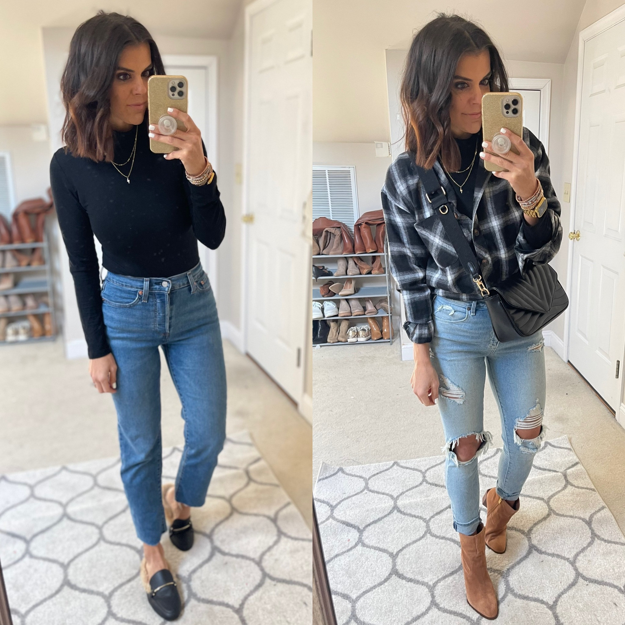 Styling a basic black turtleneck! This one is from Amazon, and it’s a bodysuit. Sized up to a M in it.

Jeans on the left are the Levi Wedgie jeans, I size up one size to a 27

Abercrombie jeans are Tts 

#LTKstyletip #LTKunder100 #LTKunder50