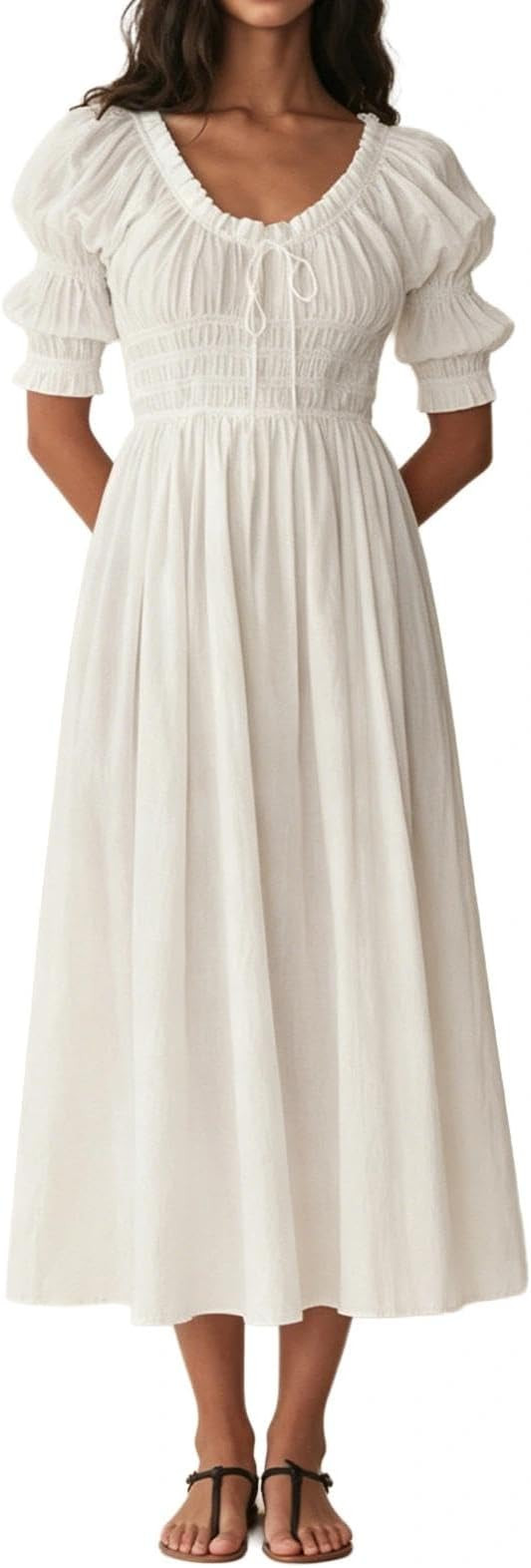ABYOVRT Women Smocked Dresses Puff Sleeve Off Shoulder Flowy Midi Dress Baby Shower Summer Fall | Amazon (US)
