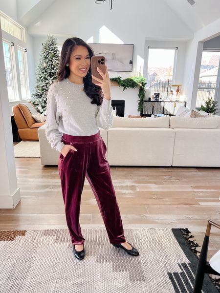 Cashmere sweater with pearl details and burgundy velvet pants for an easy workwear look for the holidays. Great for business casual or teachers outfits. 

#LTKstyletip #LTKsalealert #LTKworkwear