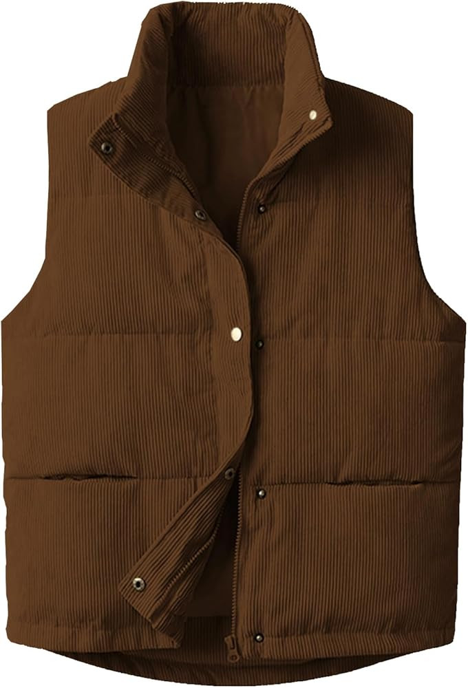 Womens Corduroy Puffer Vest Stand Collar Zip Snap Button Sleeveless Warm Waistcoat Padded Gilet | Amazon (US)