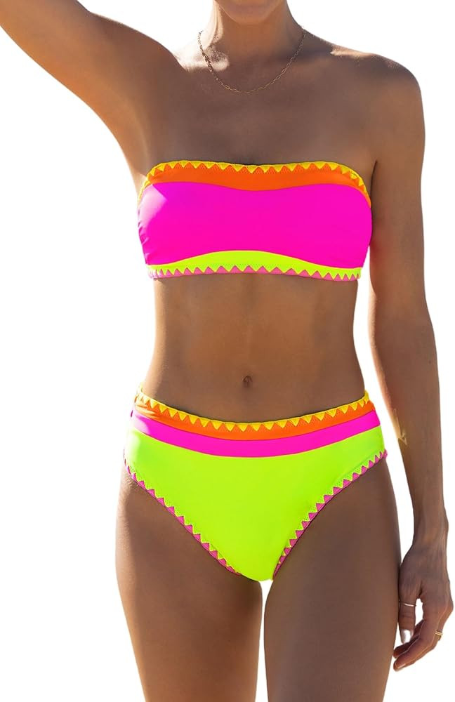 popvil Women's Neon Color Block Bandeau Swimsuits Strapless Bikini Sets Two Piece Bathing Suits | Amazon (US)