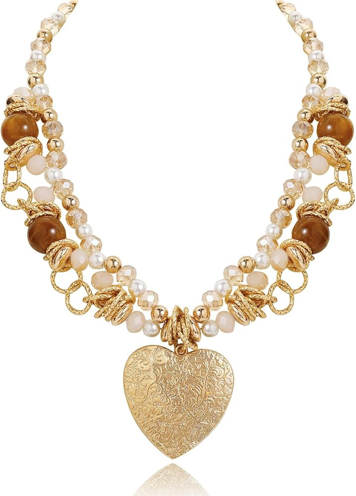 Bocar Heart Pendant Necklace for Women Trendy Retro Layered Statement Necklace Unique Jewelry Gift (NK-10811) | Amazon (US)