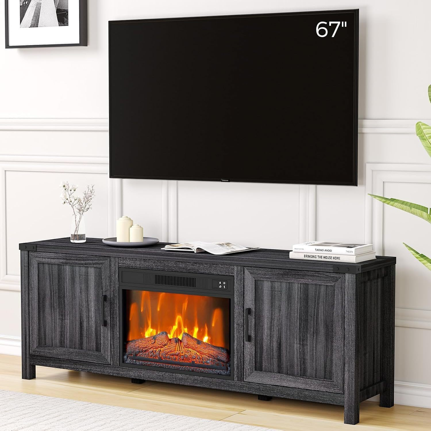 Qeetex Electric Fireplace TV Stand for TVs Up to 67 inch Wooden Media Entertainment Center with 23 inch Adjustable Color Insert Fireplace Remote | Lowe's