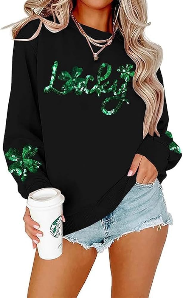 FAYALEQ Women St Patrick's Day Sweatshirt Sequin Shamrock Pullover Irish Sweatshirt Crewneck Long... | Amazon (US)