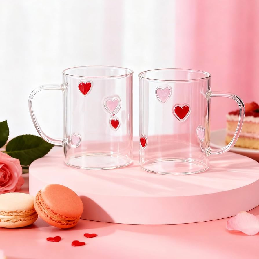 2 Pcs Valentines Day Heart Icon Juice Glasses 15 oz Coffee Mugs with Handle Love Icon Drinking Gl... | Amazon (US)