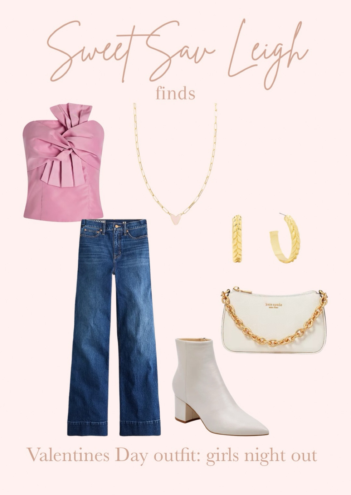 Valentine’s Day outfit idea: girls night out | flare jeans, wide leg jeans, pink top, pink bow top, bow top, white handbag, white purse, white booties, white boots 

#LTKSeasonal #LTKstyletip #LTKfindsunder100