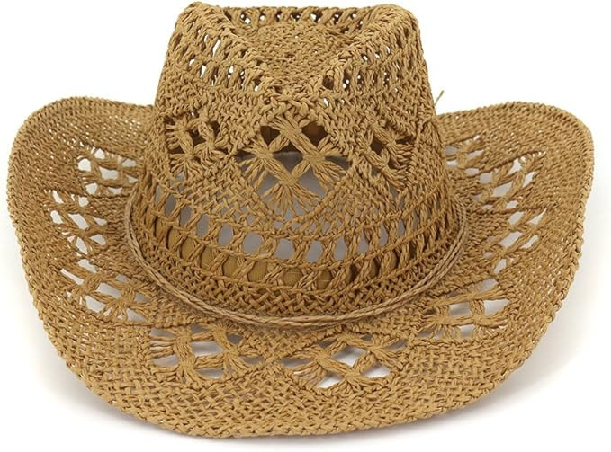 Womens Fashion Beach Straw Sun Hat UV Protection Wide Brim Western Cowboys Hand Straw Hats Khaki | Amazon (US)