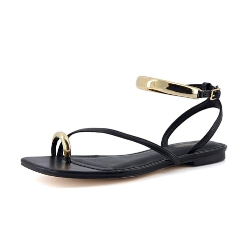 CUSHIONAIRE Secret Flat Sandals for Women with Gold Ankle Cuff and Toe Ring Strap, Vegan Leather Dress Sandals, BLACK 6 | Amazon (US)