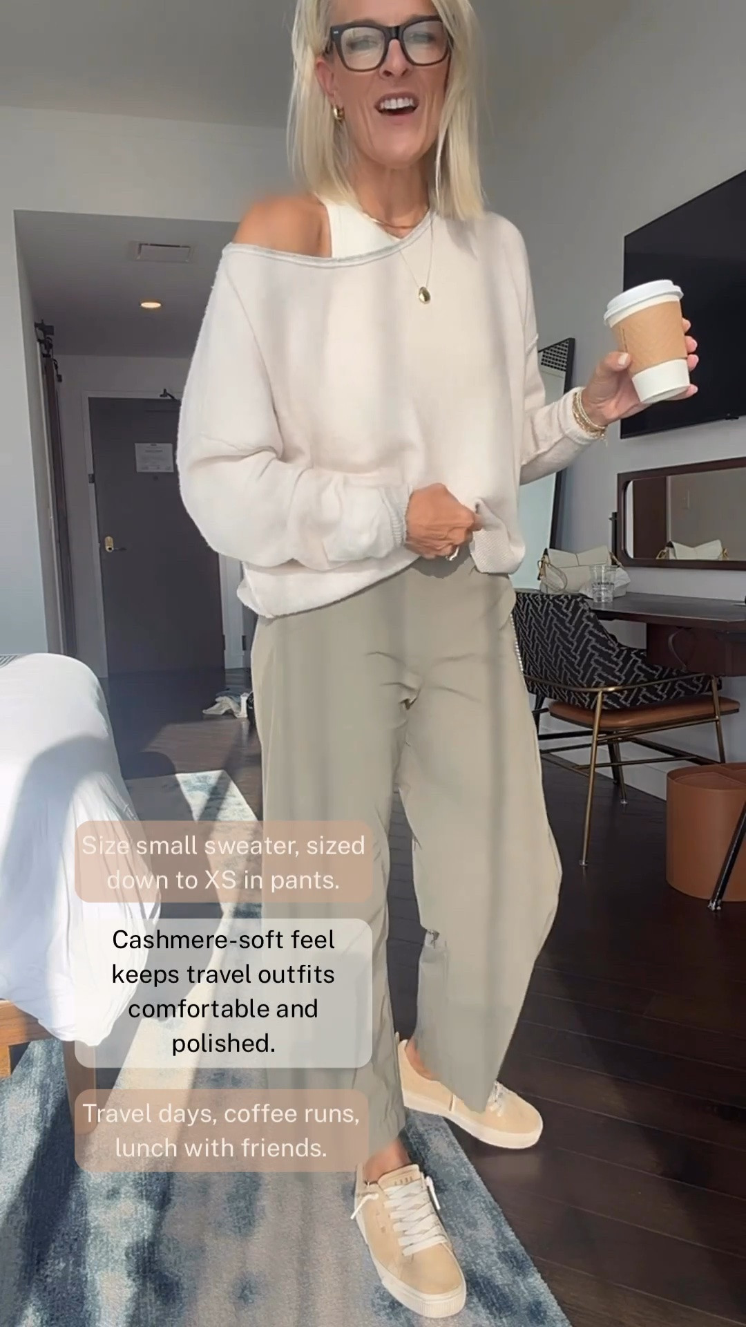 I love how this neutral outfit feels comfortable enough for travel but still looks polished. The soft, cashmere-feel sweater pairs beautifully with these relaxed, wide-leg trousers and neutral sneakers for an easy look that works for travel days, coffee runs, or lunch with friends.
I’m wearing a size small in the sweater and sized down to an XS in the pants. Such a versatile outfit to keep in rotation!