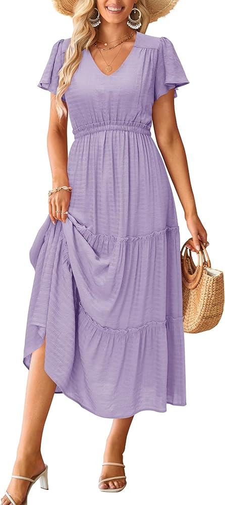 VOTEPRETTY Women's 2024 Fashion Summer Maxi Dresses Boho Beach V Neck Flutter Short Sleeve Tiered... | Amazon (US)