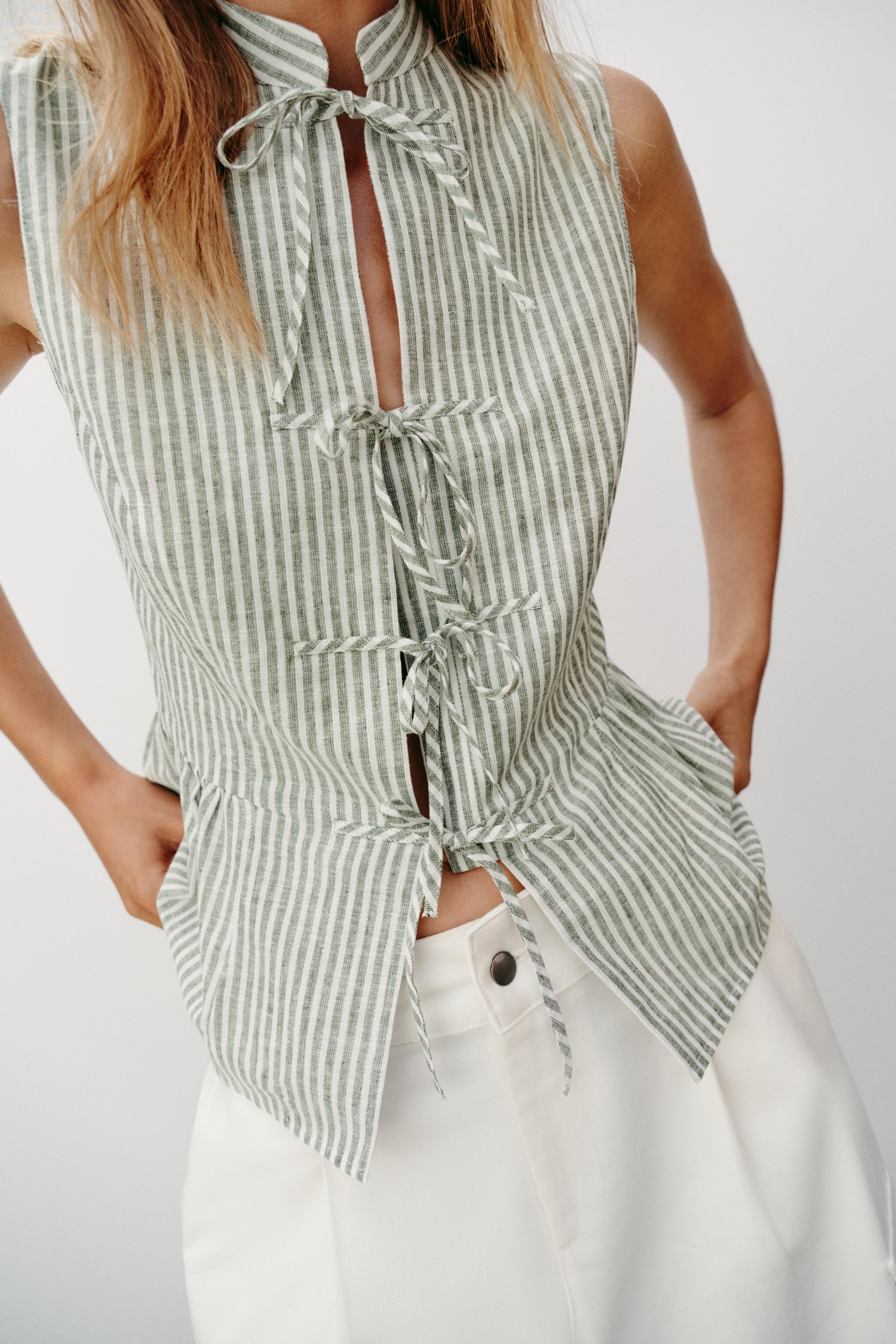 STRIPED METALLIC THREAD TIE TOP | Zara US