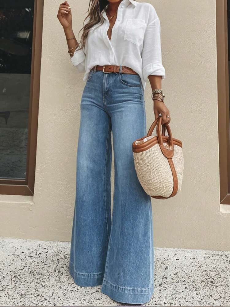 Women's Casual Wide Leg Jeans, Elegant & Fashionable Long Style, With Pockets, Medium Stretch Washed Fabric | SHEIN