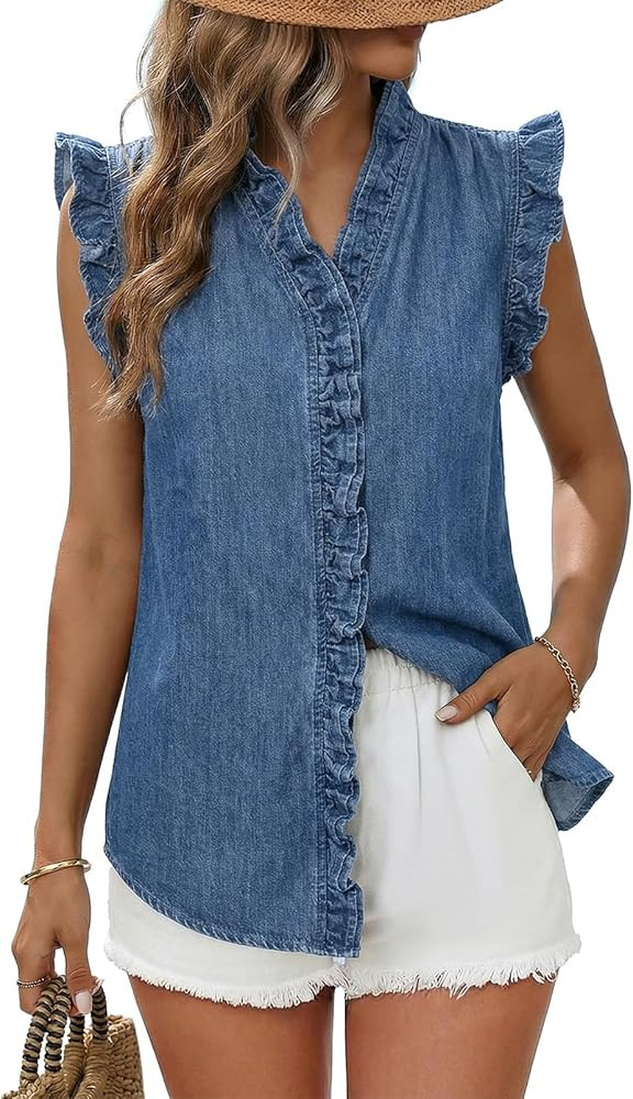 Dokotoo Denim Vest Top for Women Fashion Sleeveless V Neck Chambray Shirt Women Vest Top Ruffled ... | Amazon (US)