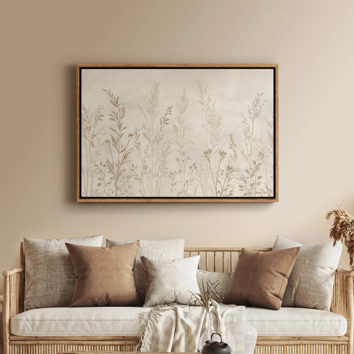 Framed Canvas Wall Art - Minimal Botanical Meadow Silhouette in Soft Beige Neutrals - 16"x24", 24... | Wayfair North America