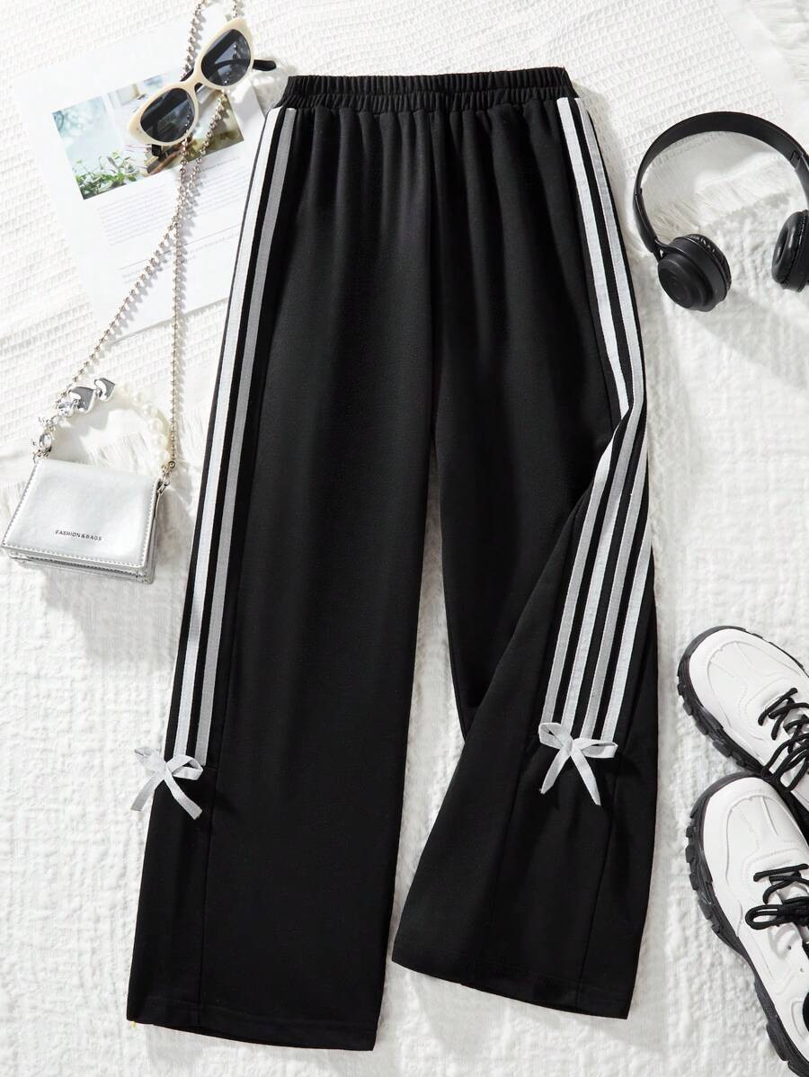 Tween Girl Casual Straight-Leg Sweatpants With Side Tape & Bow Decor | SHEIN