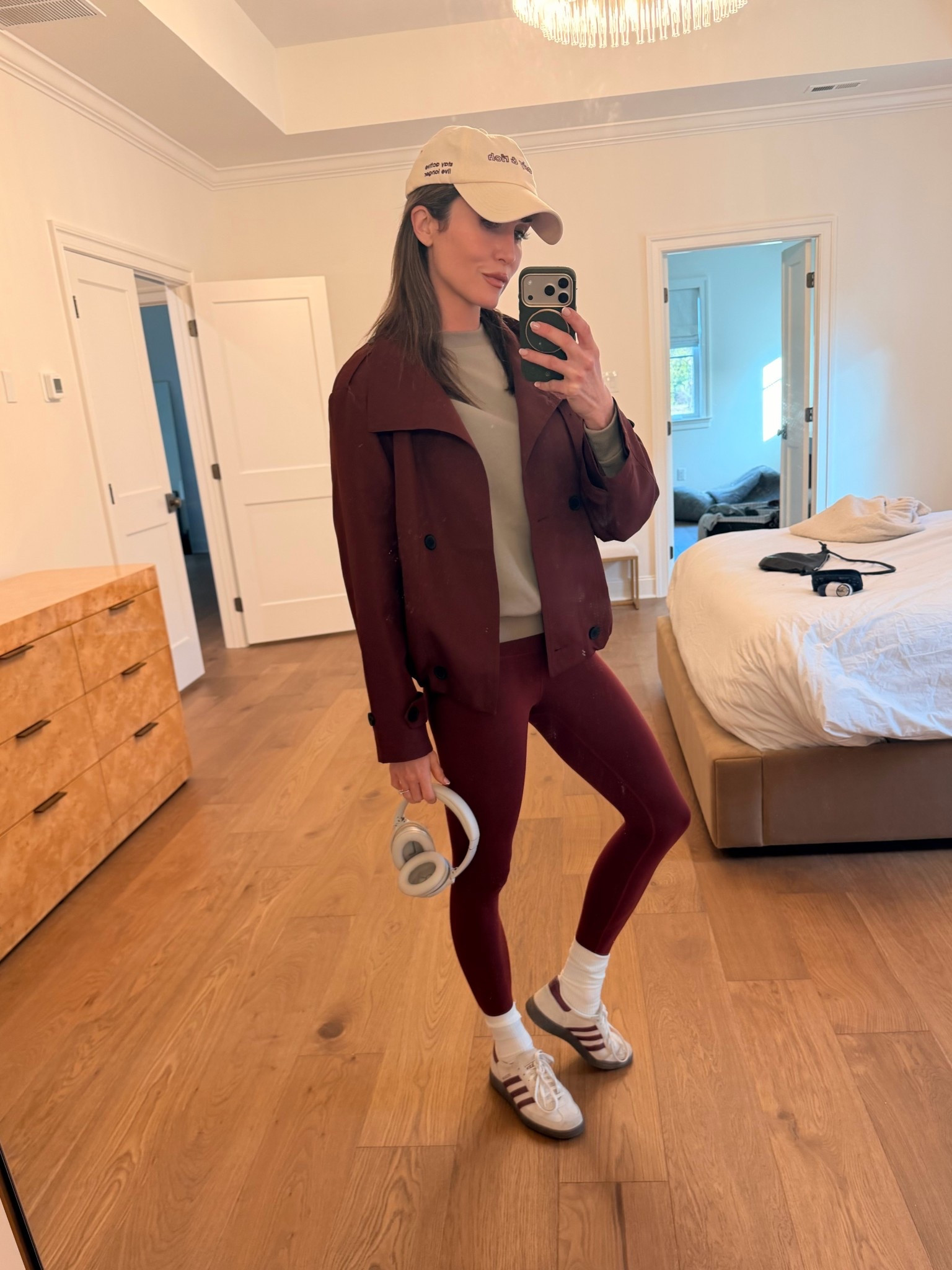Mom on the move school drop off- barre class look for a chilly day. 
Bring your burgundy forward with a lighter neutral to look fresh for the new year ✨
Lululemon leggings, Commense cropped trench, Alo sweat shirt, adidas shoes, Sporty And Rich hat

#LTKootd #LTKmomlife