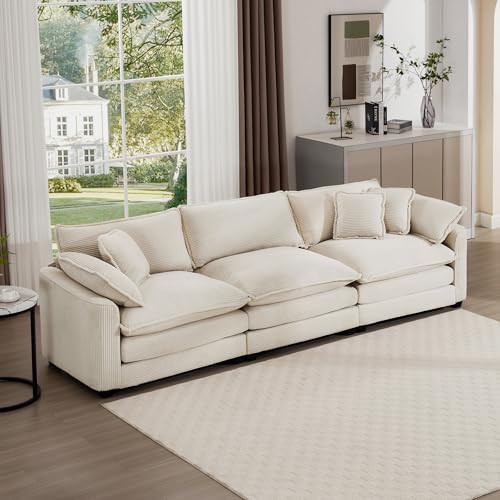Aoowow Corduroy 3 Seater Sofa Couch,Modern Large Cloud Couches for Living Room,Modular Sectional Cloud Sofas with Deep Seat,Oversized Tufted 3 Seat Sofa Set. (Beige, 3 Seater) | Amazon (US)