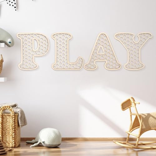 Play Sign - 12 In Wooden Rattan Letters Playroom Sign, Playroom Wall Decor for Toddler Girls Boys, Play Room Wall Decor for Kids Playroom Nursery Room Decorations | Amazon (US)