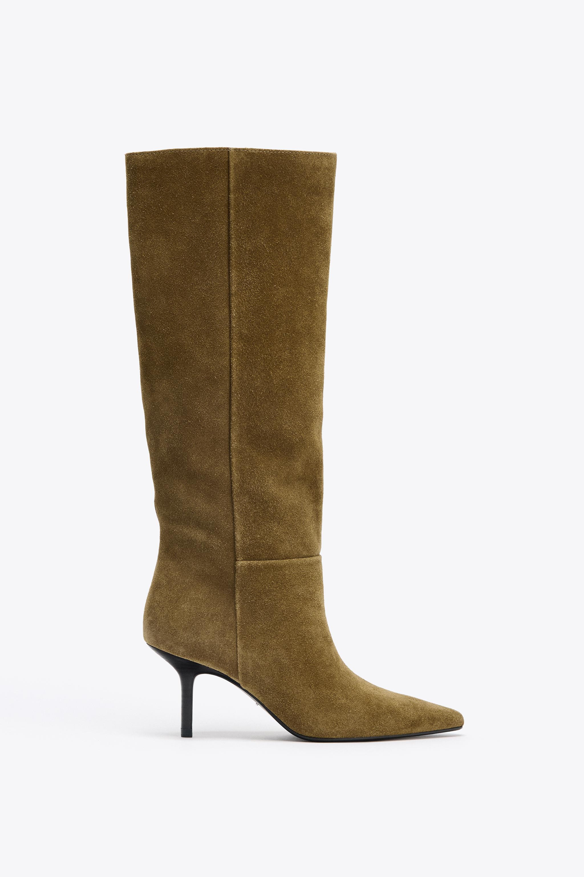 SPLIT LEATHER KITTEN HEEL BOOTS | Zara US