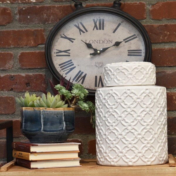 UTC40061: Ceramic Round 200 oz. Canister with Recessed Lid and Patterned Design Gloss Finish White | Bed Bath & Beyond