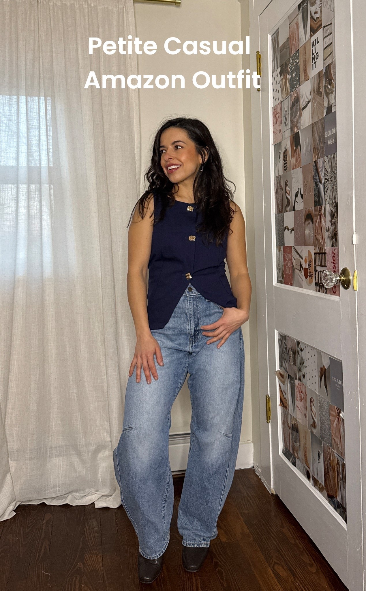 Petite casual outfit idea. Cinch barrel jeans from Levi’s. Vest style sleeveless top from Amazon. 