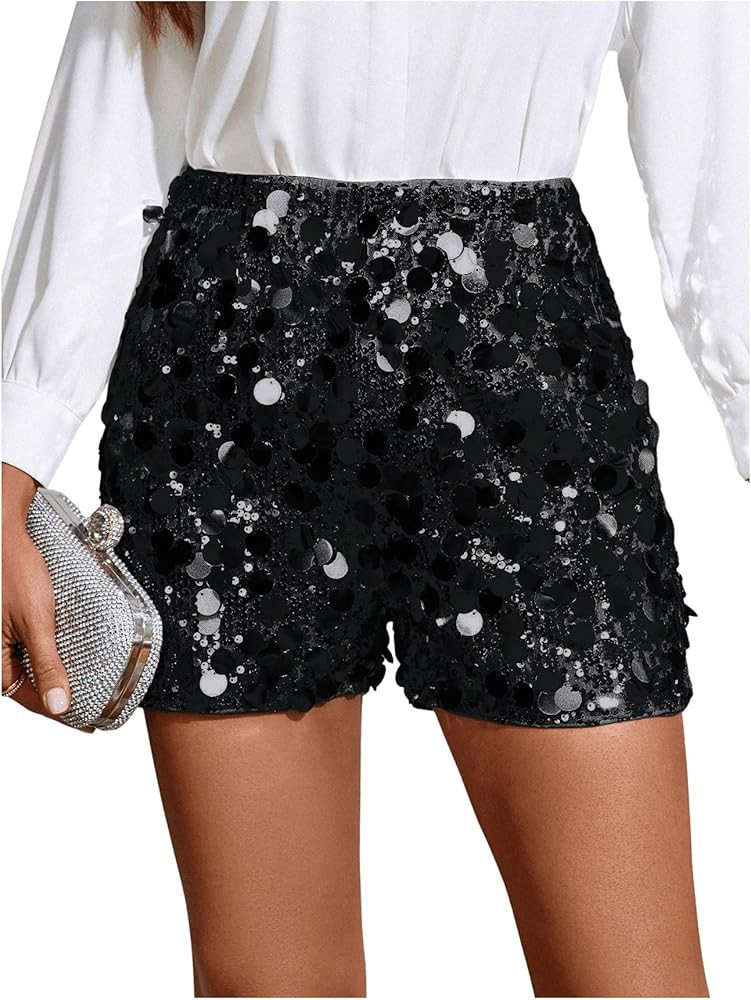 Floerns Women's Contrast Sequin Elastic Waist Sparkly Party Mini Shorts | Amazon (US)