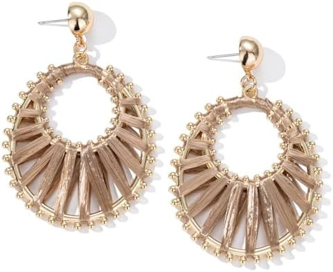 Gold Raffia Dangle Drop Earrings Boho Statement Summer Beach Fun Jewelry | Amazon (US)