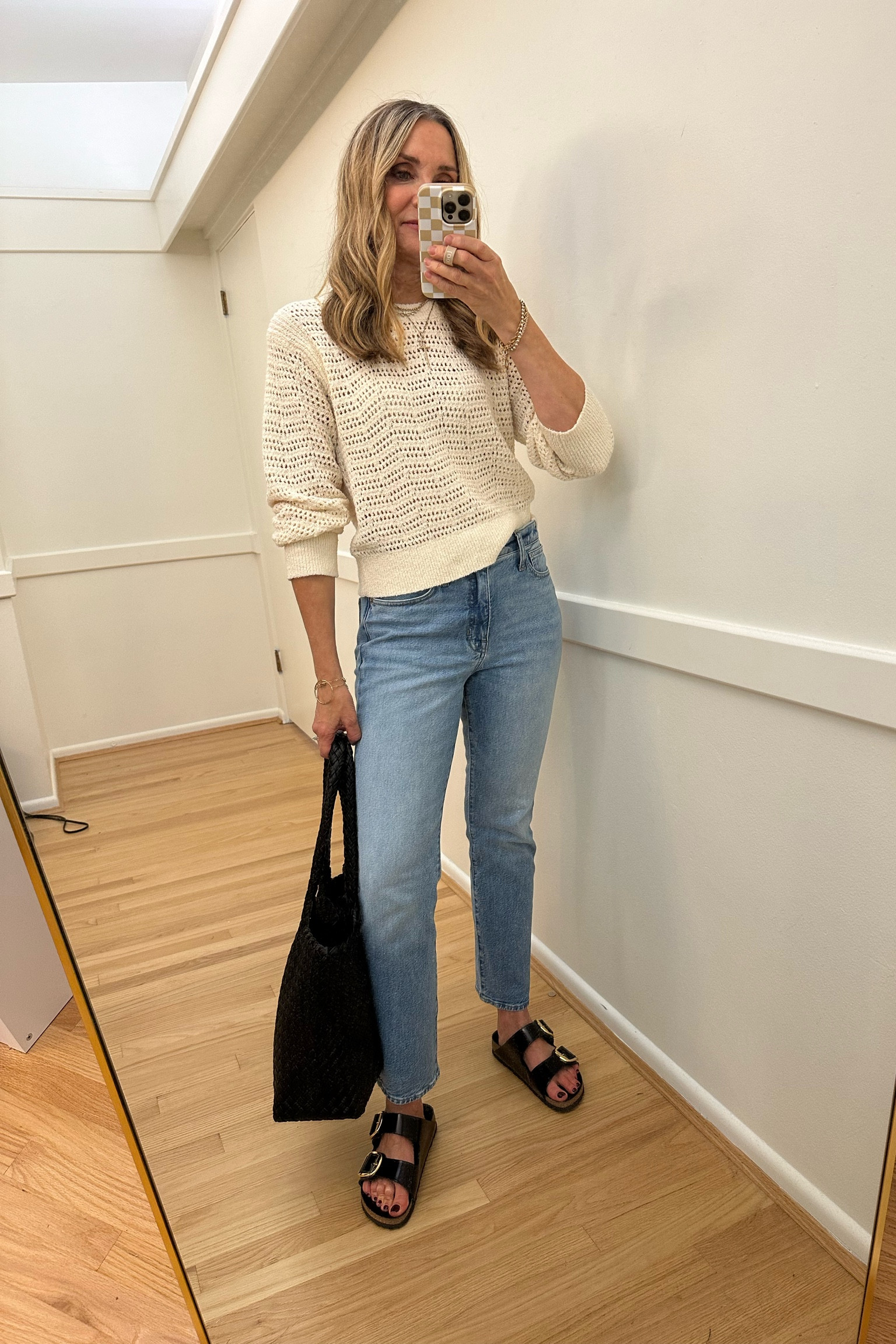 Favorite pieces from JCrew now on sale 25% off! Open knit sweater and straight leg jeans with Birkenstock big buckle sandals. Fall outfit, weekend outfit, workwear, fall denim 

#LTKFallSale #LTKOver40 #LTKFindsUnder100