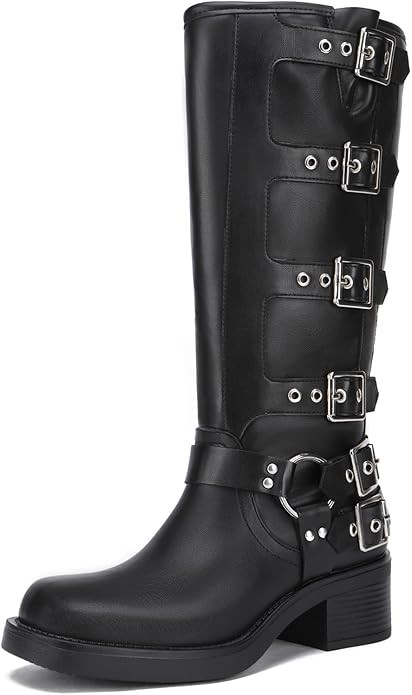 Athlefit Women's Knee High Riding Boots Fashion Buckle Square Toe Chunky Heel Wide Calf Biker Boo... | Amazon (US)