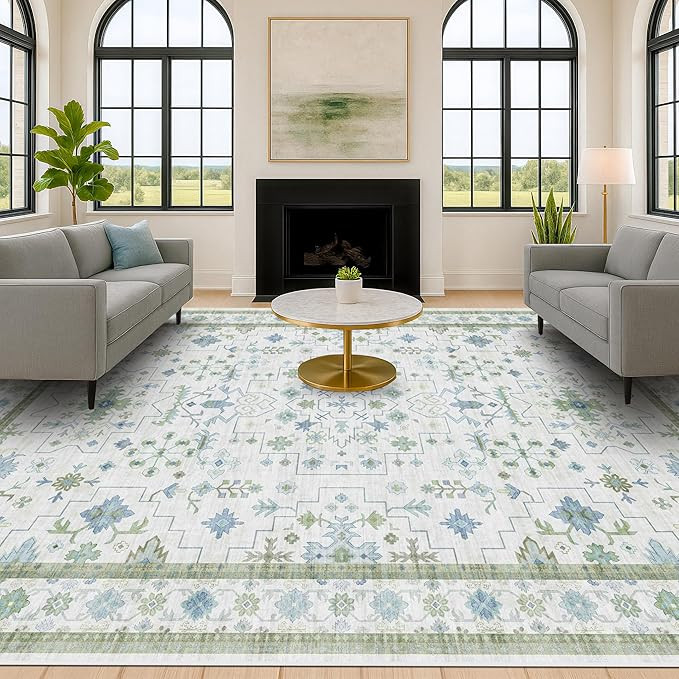 Green Area Rugs 9x12 Living Room - Washable Oriental Geometric, Extra Large for Bedroom Non Slip ... | Amazon (US)