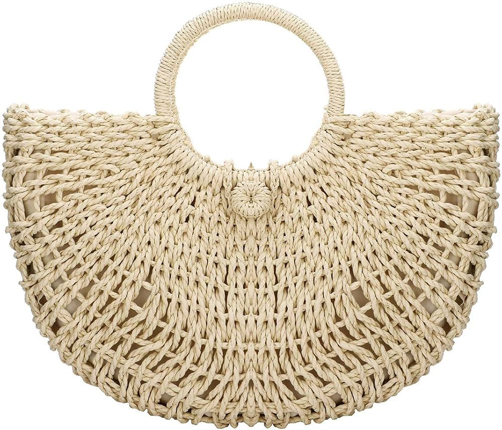 Hand-woven Straw Large Hobo Bag for Women Round Handle Ring Toto Retro Summer Beach Straw Bag | Amazon (US)