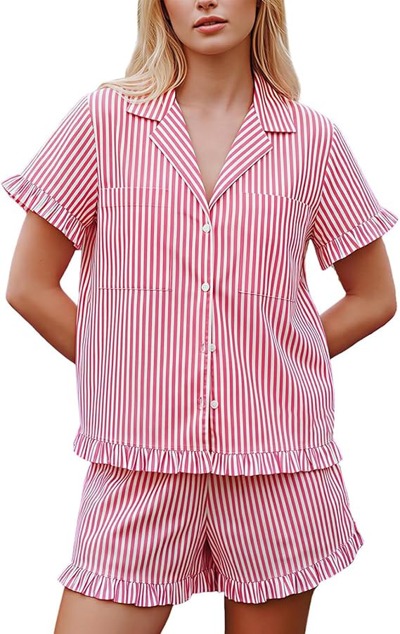 Womens Striped Cotton Pajama Sets Shorts 2 Piece Cute Pjs Sets Summer Lounge Set | Amazon (US)