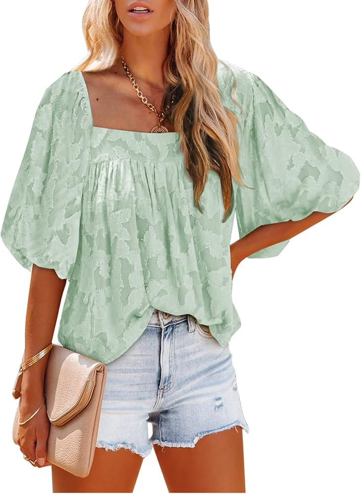 Dokotoo Womens Square Neck Babydoll Tops 3/4 Puff Sleeve Lace Blouse Summer Floral Textured Dress... | Amazon (US)