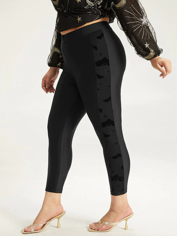 Halloween Plain Texture Patchwork Elastic Waist Skinny Leggings | Bloomchic