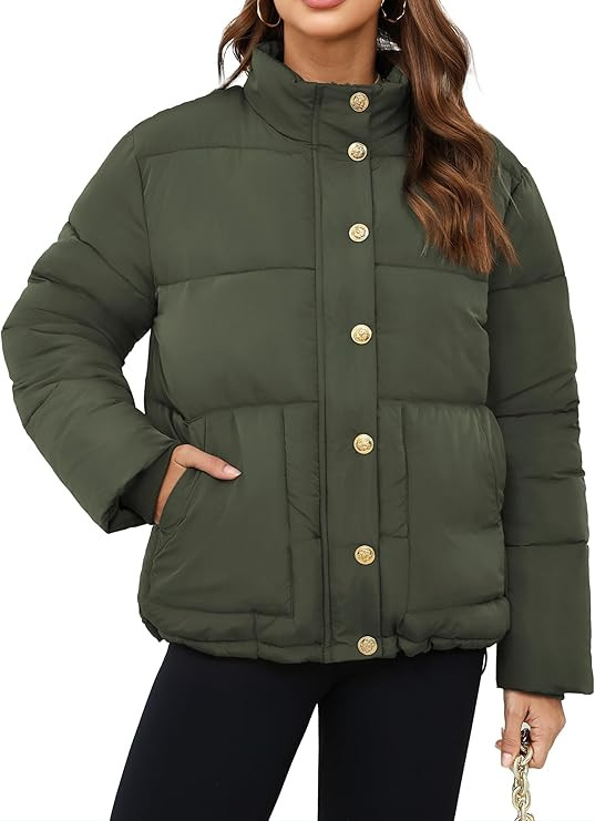 Funlingo Women's Cropped Puffer Jacket Winter Stand Collar Zip Up Snap Button Warm Lightweight Sh... | Amazon (US)