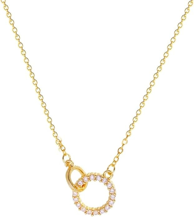 CZ Double Ring Necklace for Women Trendy 18K Gold Plated Cubic Zirconia Pendant Necklaces Gold Ch... | Amazon (US)