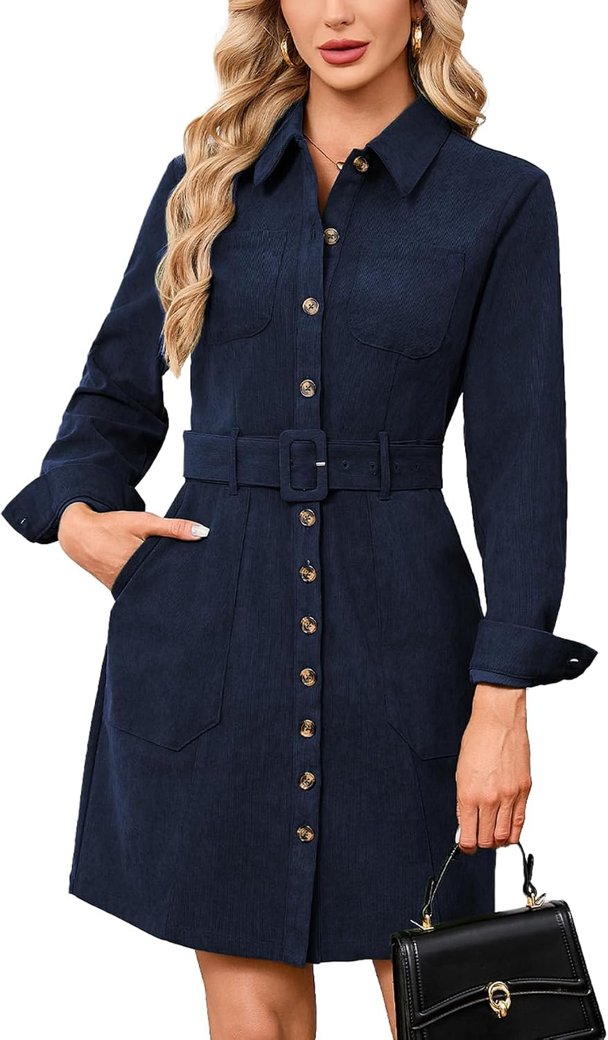 YEXPINE Women's Corduroy Mini Dress Belted Button Down Shirt Dress | Amazon (US)