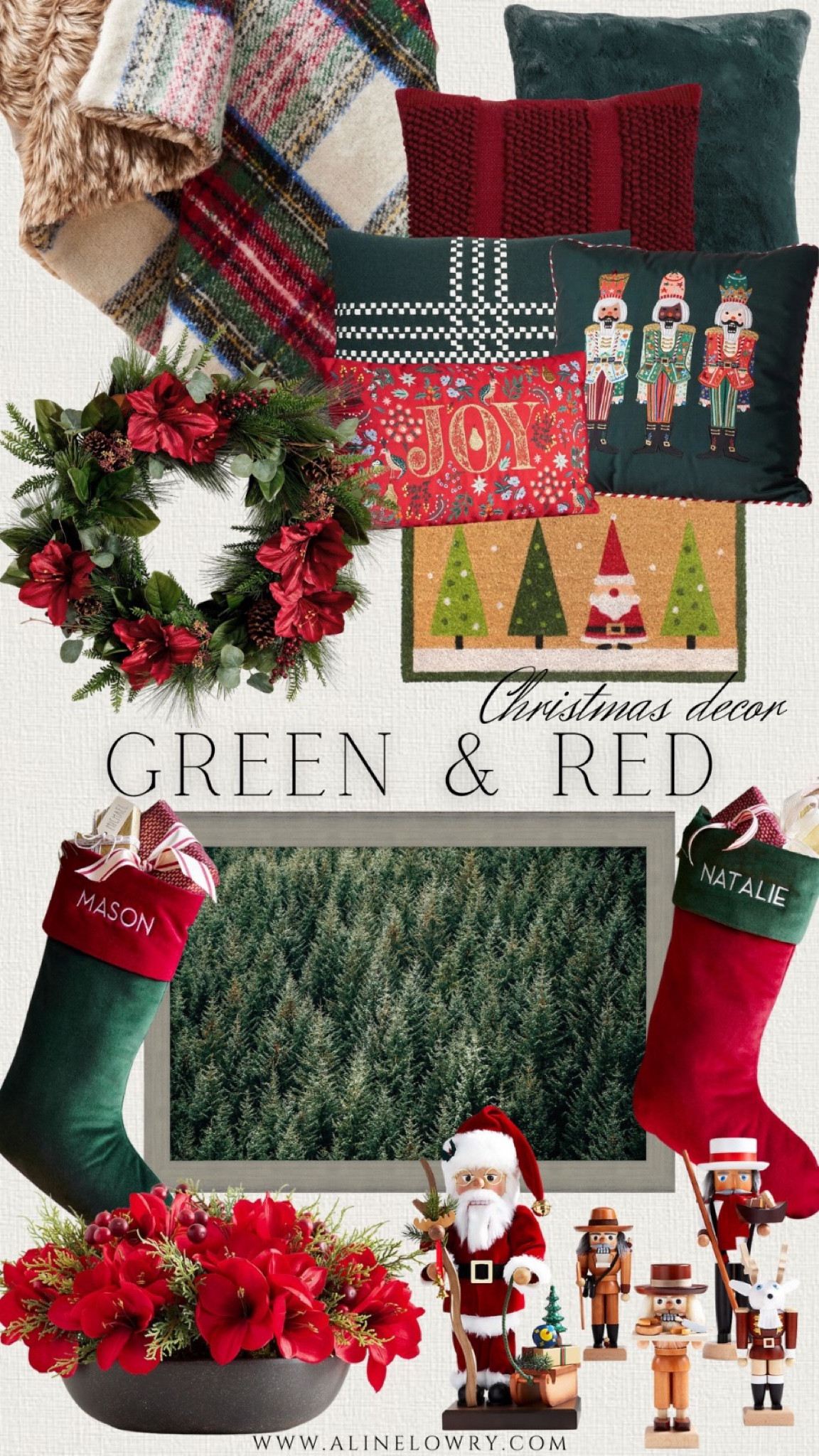 Green and Red Christmas decoration idea. Joyful red and green holiday decor, stockings, garlands, wall art, mats, pillows and throws, and more. 

#LTKparties #LTKHoliday #LTKhome