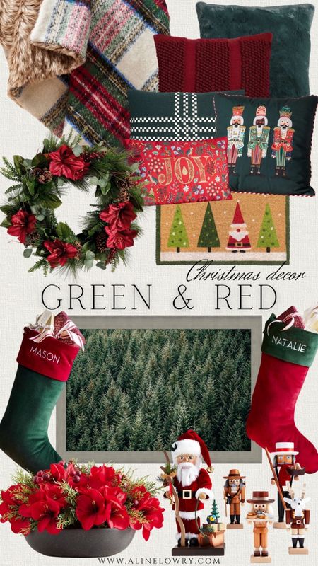 Green and Red Christmas decoration idea. Joyful red and green holiday decor, stockings, garlands, wall art, mats, pillows and throws, and more. 

#LTKparties #LTKHoliday #LTKhome