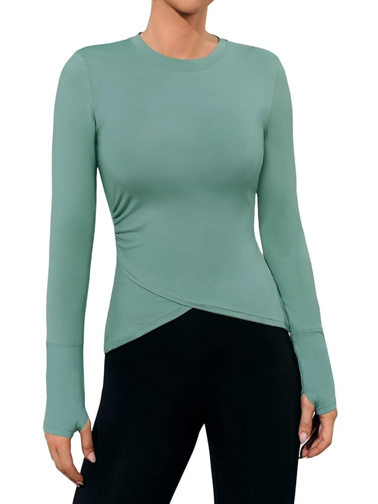 Fisoew Womens Long Sleeve Workout Tops Athletic Compression Shirts Crew Neck Cross Hem Running Yo... | Amazon (US)