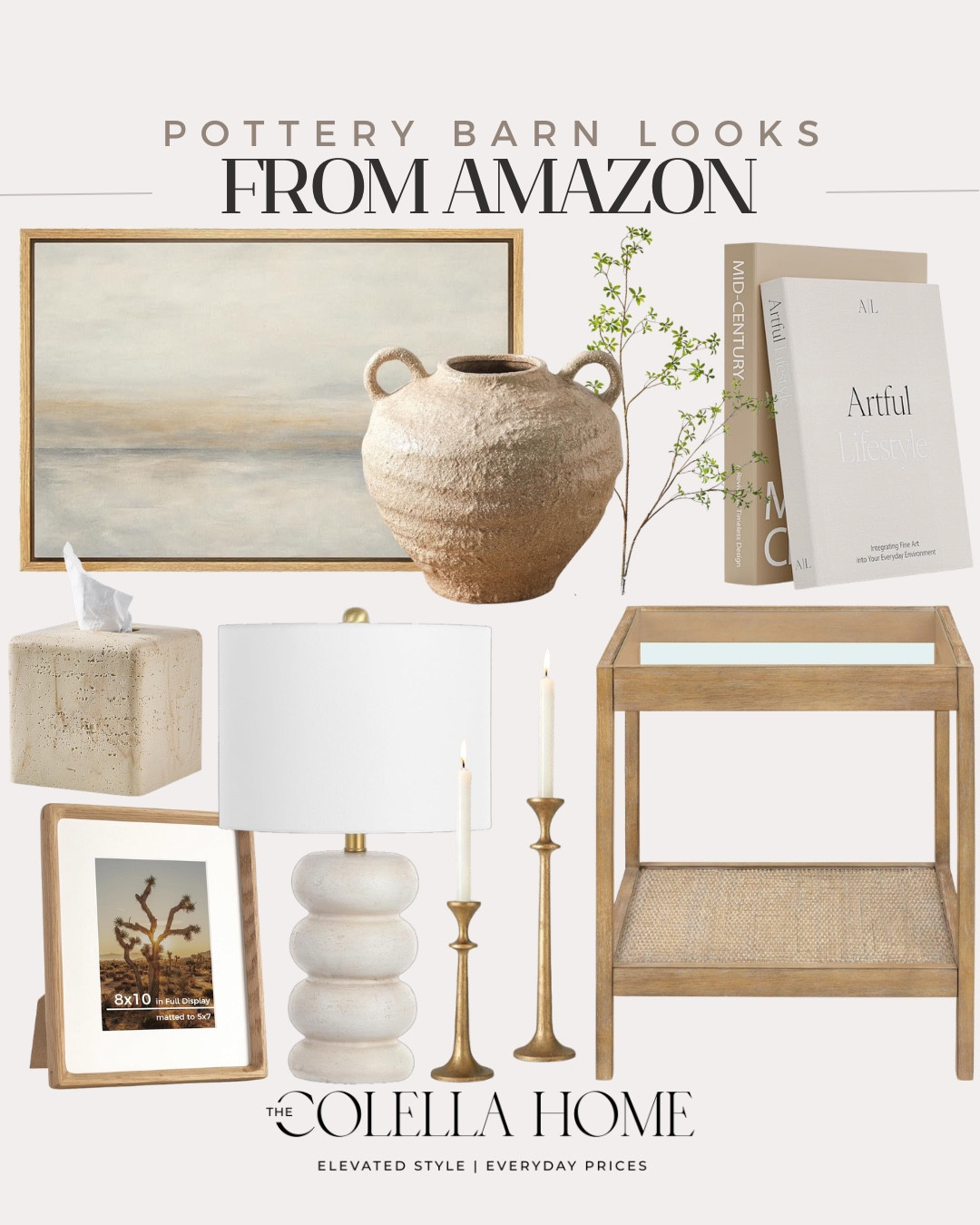 Pottery Barn looks from Amazon includes side table, candle stick holders, table lamp, frame, tissue holder, wall art, vase, greenery stem, and decorative books.

Home decor, looks for less, neutral home decorr

#LTKSeasonal #LTKSaleAlert #LTKHome