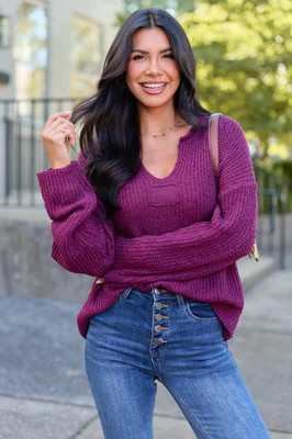Mckenzie Wine Open Knit V-Neck Sweater DOORBUSTER | Pink Lily
