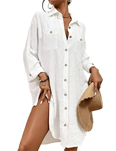Bsubseach Womens Modern Swimsuit Cover Up Blouse Button Down Shirt Dresses Tops White M | Amazon (US)