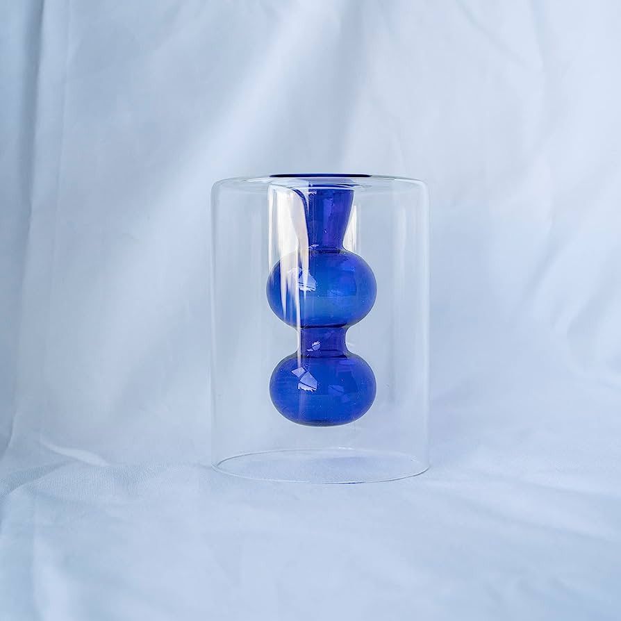 Blue Glass Bubble Vase Double Layer Decor Blown Modern Decorative Flower Vases Gift for Living Ro... | Amazon (US)
