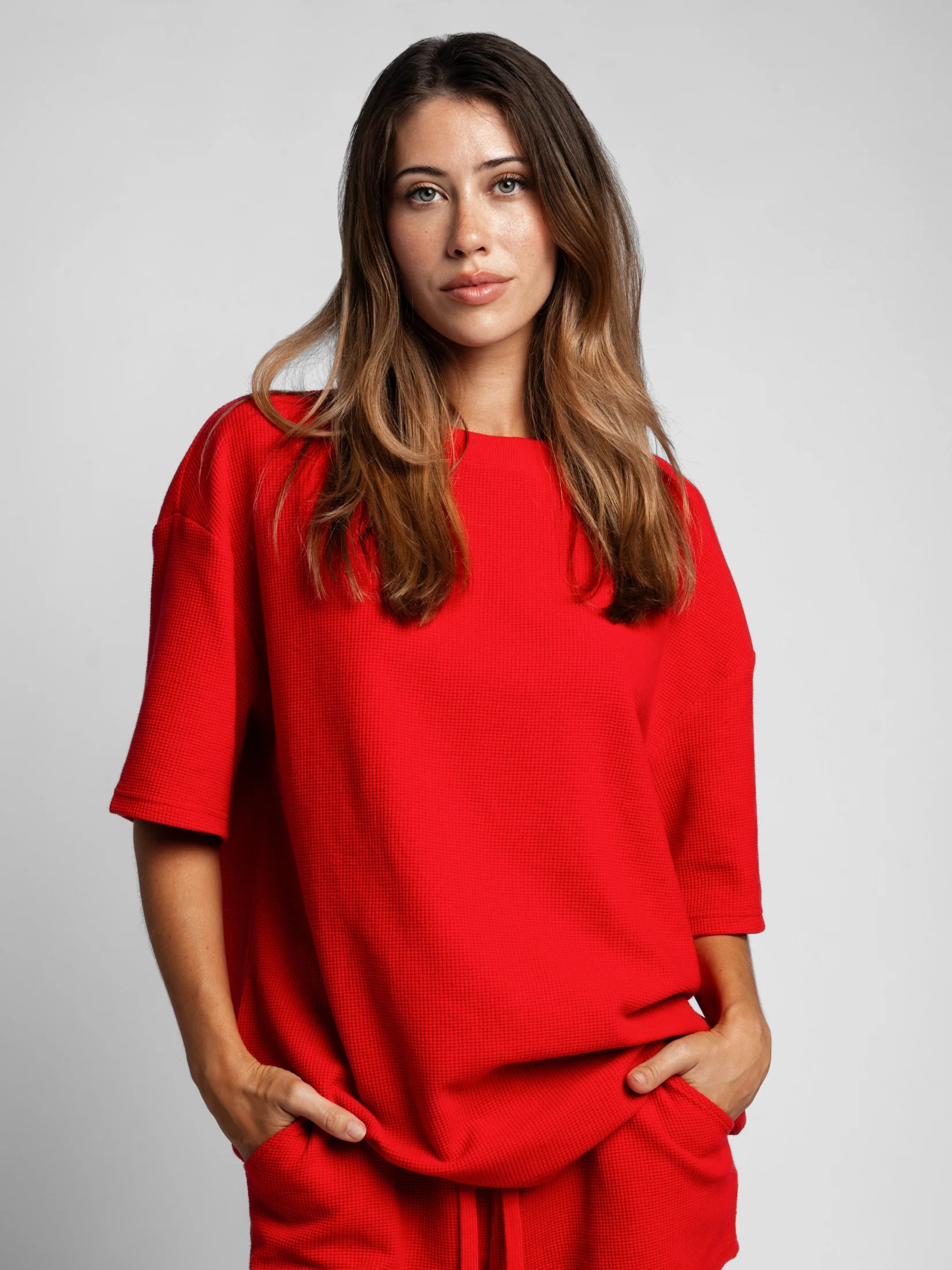 Comfrt Waffle Lounge Tee Shirt | Cherry | Red | XS | Comfrt