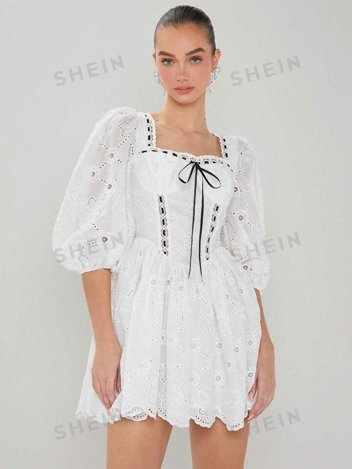 SHEIN ENCHNT Summer Spring Women's Sweetheart Neckline Belted Cute Dress | SHEIN