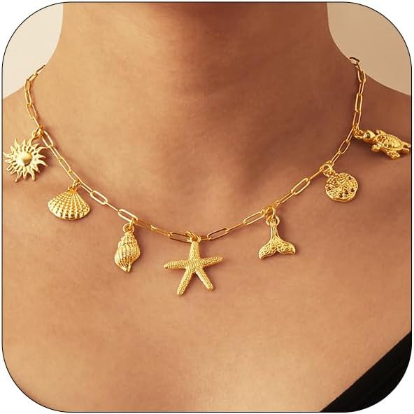 Charm Necklace for Women, 14K Gold Shell Sun Starfish Summer Beach Necklace 16+3" Paperclip Chain... | Amazon (US)