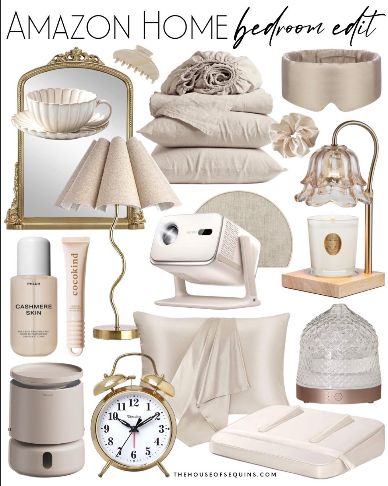 Shop amazon home bedroom finds! Anthropologie mirror look for less, candle warmer lamp, linen bedding, silk pillow cases, humidifier, aesthetic bedroom, projector, nighttime routine beauty favorites and more! 

