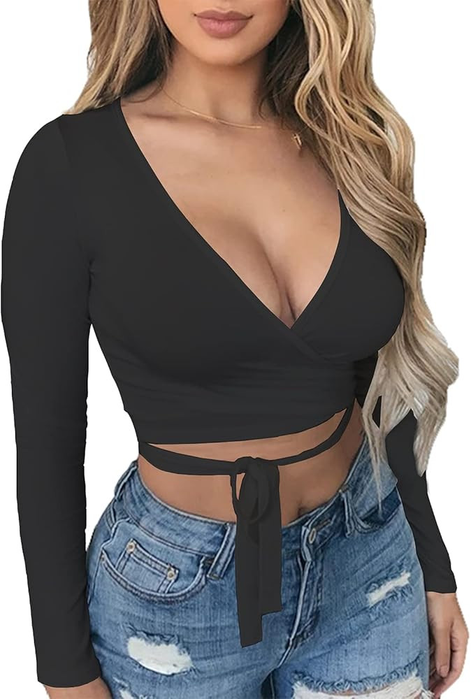 Artfish Women Sexy Deep V Neck Crop Top Bandage Wrap Tie Tight Cropped Fitted Cleavage Shirts | Amazon (US)