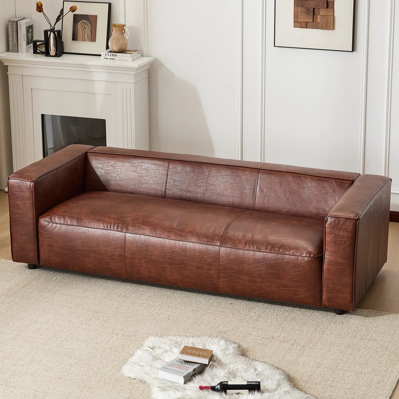 95" W Modern Faux Leather Square Arm Sofa Couch 3 Seater Upholstered  Sofa With Square Arms | Wayfair North America